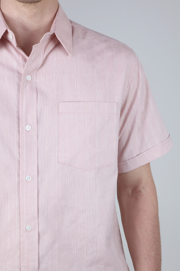 Camisa Hombre Manga Corta Palo de Rosa Rayas Verticales Casual Con Bolsillo